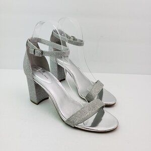 Bandolino ARMORY 2 Womens Size 7.5 Silver Sparkle Ankle Strap 3" Heel Sandals